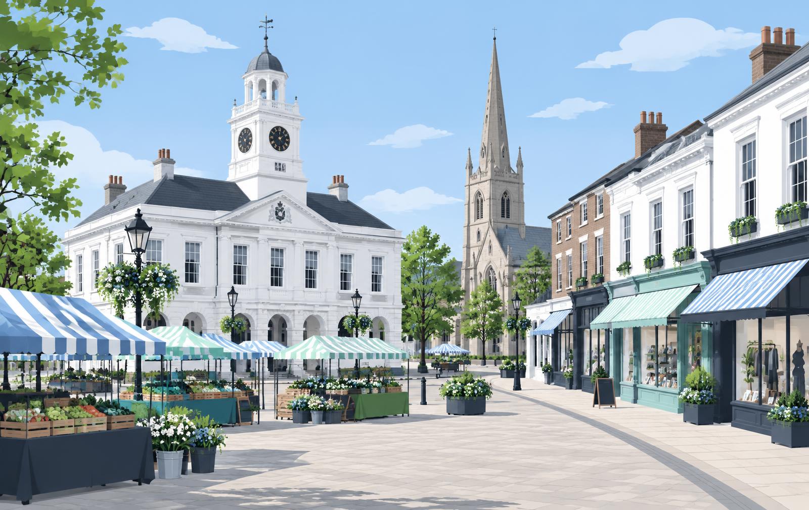Illustration of Braintree town centre with independent shopfronts, the Market Place, the Town Hall and St Michael's Church
